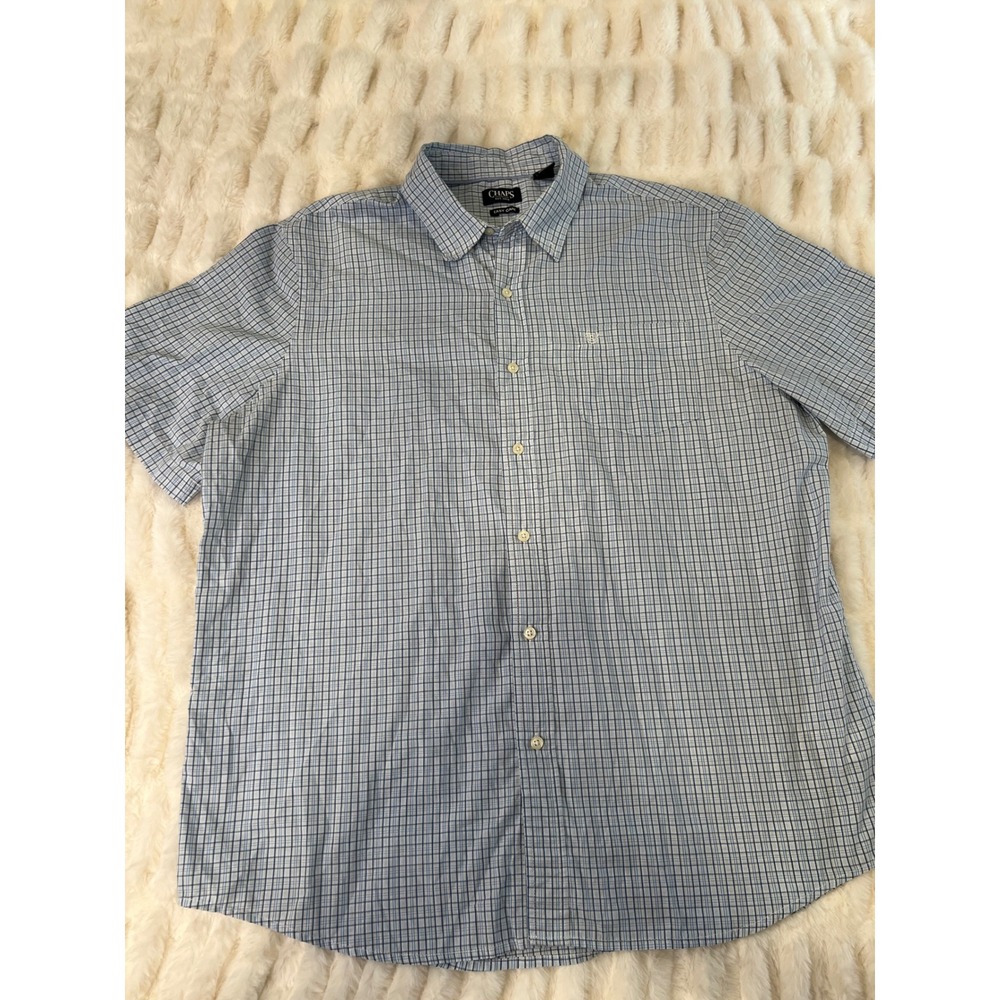 Chaps Mens XXL Short Sleeve Button Down Shirt Blue White Plaid Easy Care Cotton